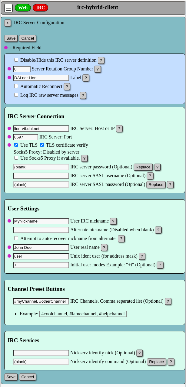 Server definition form